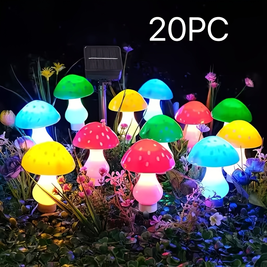 TEMU Solar-powered Colorful Mushroom Led Lights 8/20pcs Suitable For Garden, Courtyard, Festival Decoration, Ambient Lighting, Gift