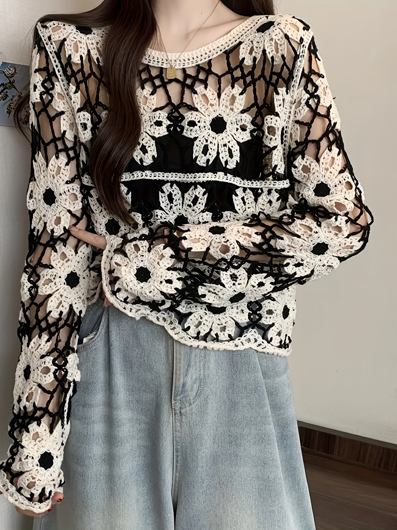 suéter elegante encaje geométrico mujer larga semi Temu Guatemala