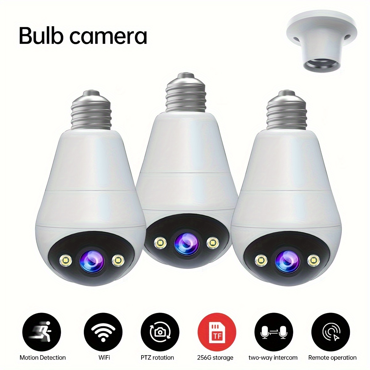 

3pcs 3mp Panoramic Ptz Rotation Light Bulb Wireless Security Camera With Motion Detection, Full Color Night Vision, And Two-way Voice Call