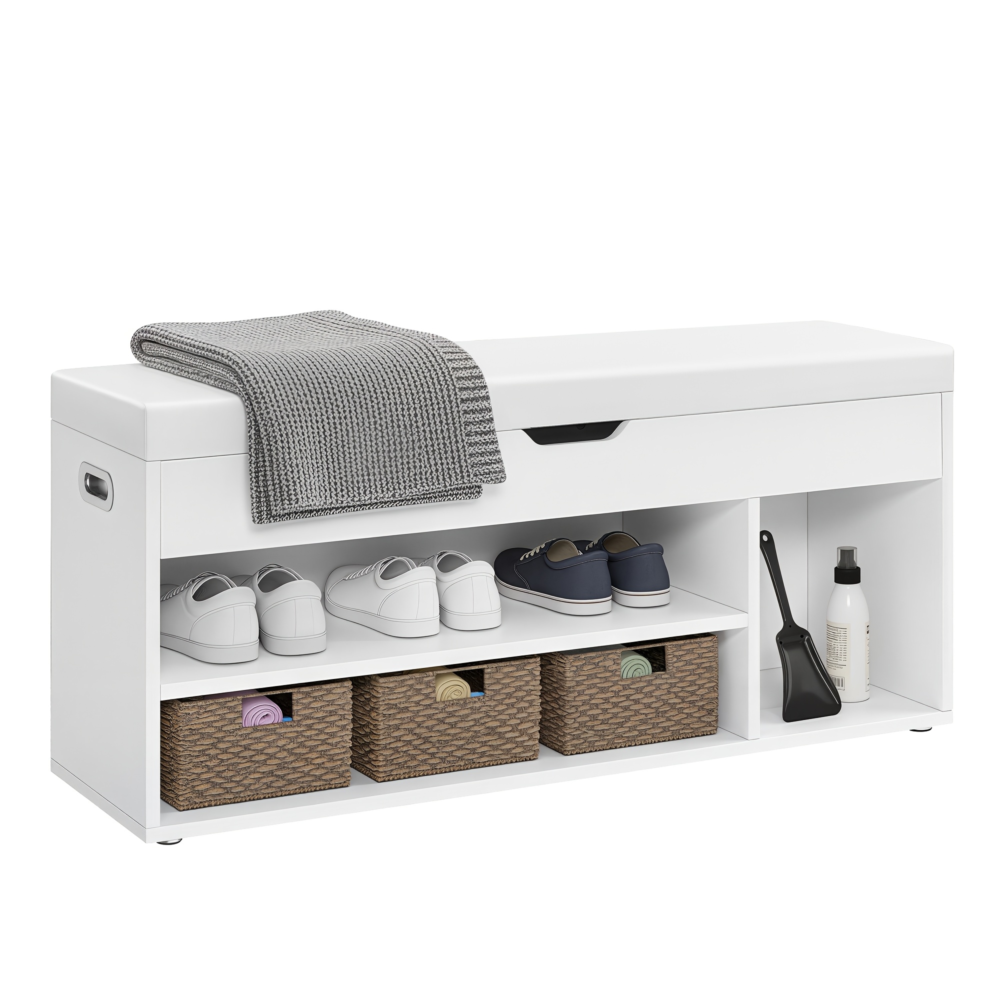 TEMU Storage Bench With Cushion, Shoe Bench With Padded Seat, Entryway Bench With 3 Compartments, Hidden Storage, Shelves, White, 30 X 100 X 44cm