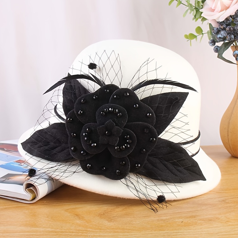 TEMU 1pc Winter Fisherman Hat For Women, New Handmade Beaded Flower Hat, British Elegant Retro Fashionable Warm Round Top Bucket Hat, For Outdoor,