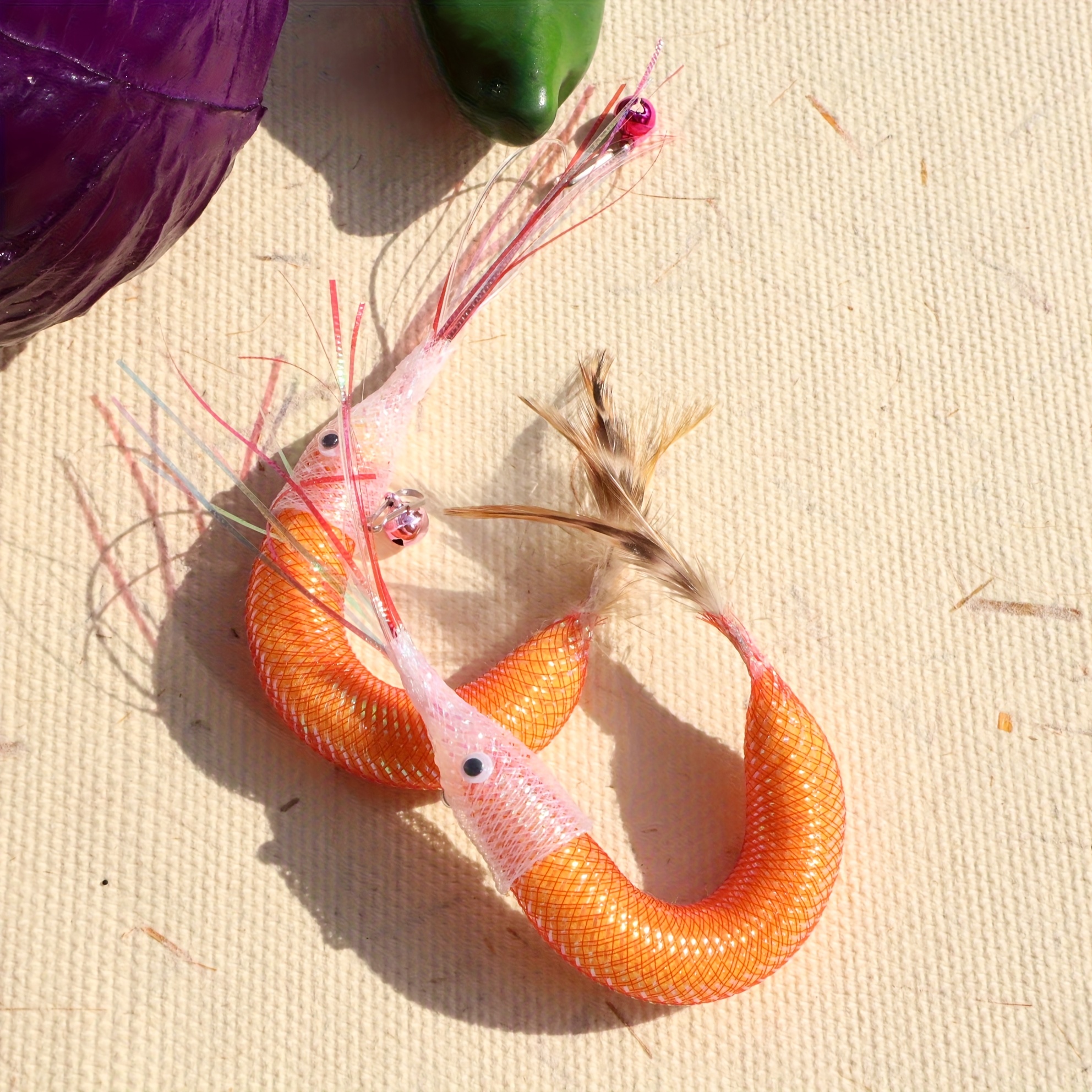 2pcs Cat Teeth Cleaning Shrimp Chew Toys - Plastic, Pet Self-Heeling Audible Toys, Random Color Bells, Rich Scent, Cat Teaser Replacement Heads, All Breed Sizes, No Batteries Required, Cat Teeth Cleaning Toys, Vibrant Feathers, Durable Toys