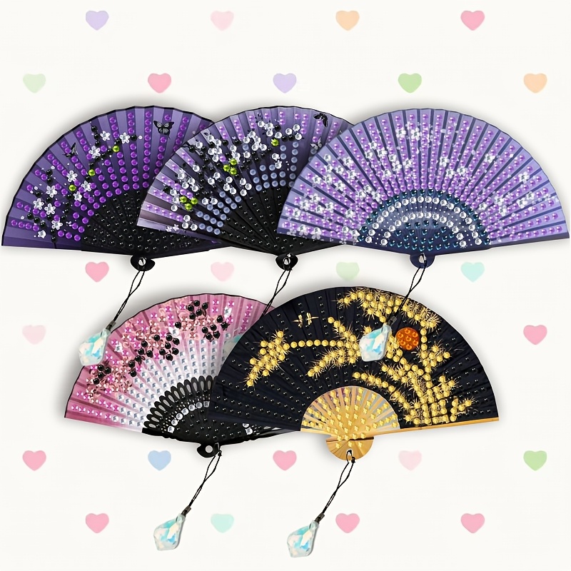 TEMU 5pcs Set Ancient Style Iridescent Rhinestone Gradient Folding Fan Elements Diamond Painting Bookmark, Crystal Rhinestone Bookmark With Pendant,