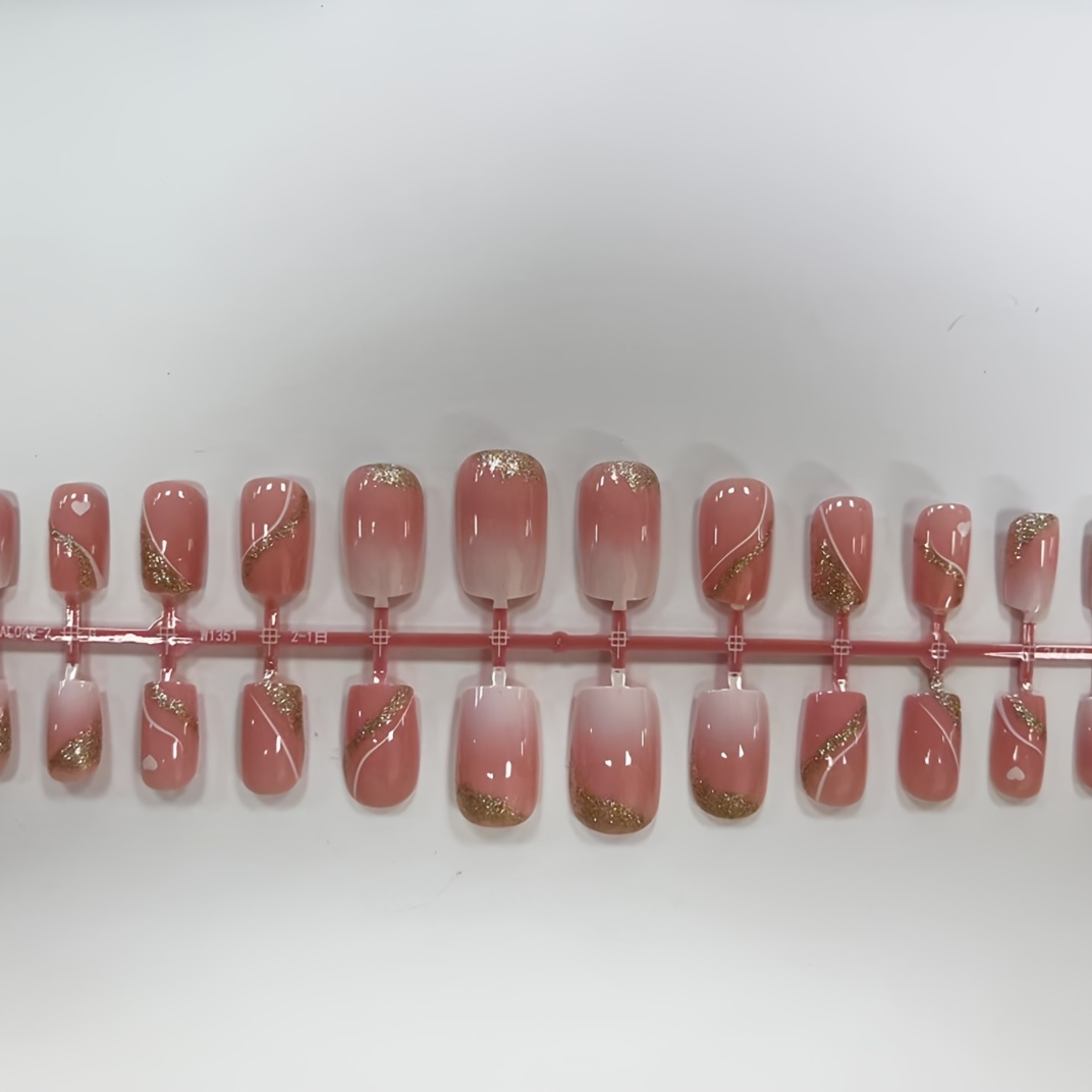 TEMU 24pcs Pink French Press-on Nails Suitable For Valentine's Day & Daily Wear - Short Square False Nails With Golden Glitter Striped Suitable For