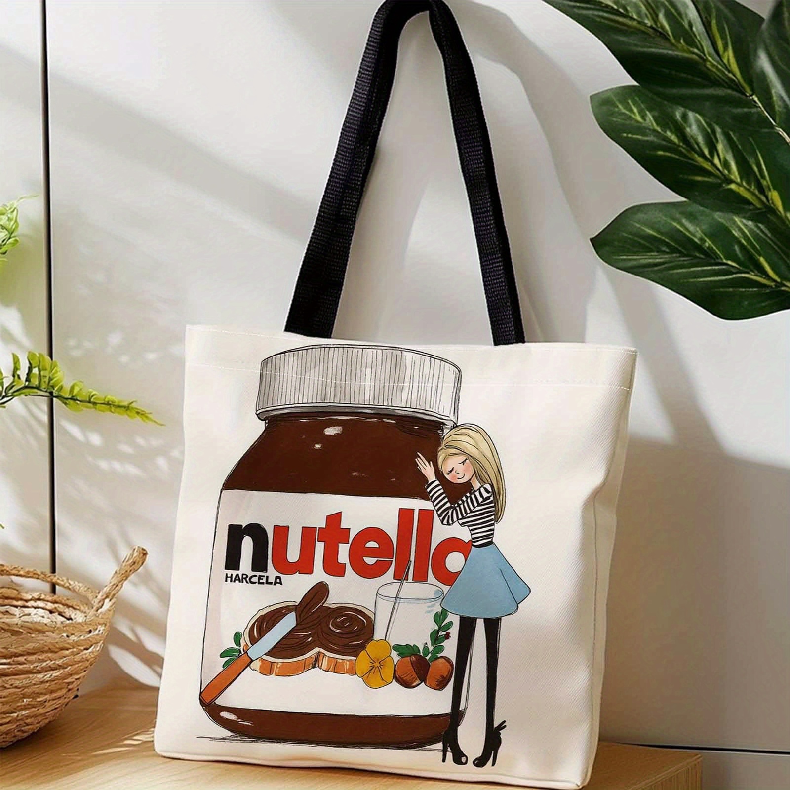 TEMU 1pc Nutella Jar Design Shopping Bag - Cute Nutella Jar & Spread Illustration, White Portable Shoulder/back/handbag For Travel, Picnic, Grocery