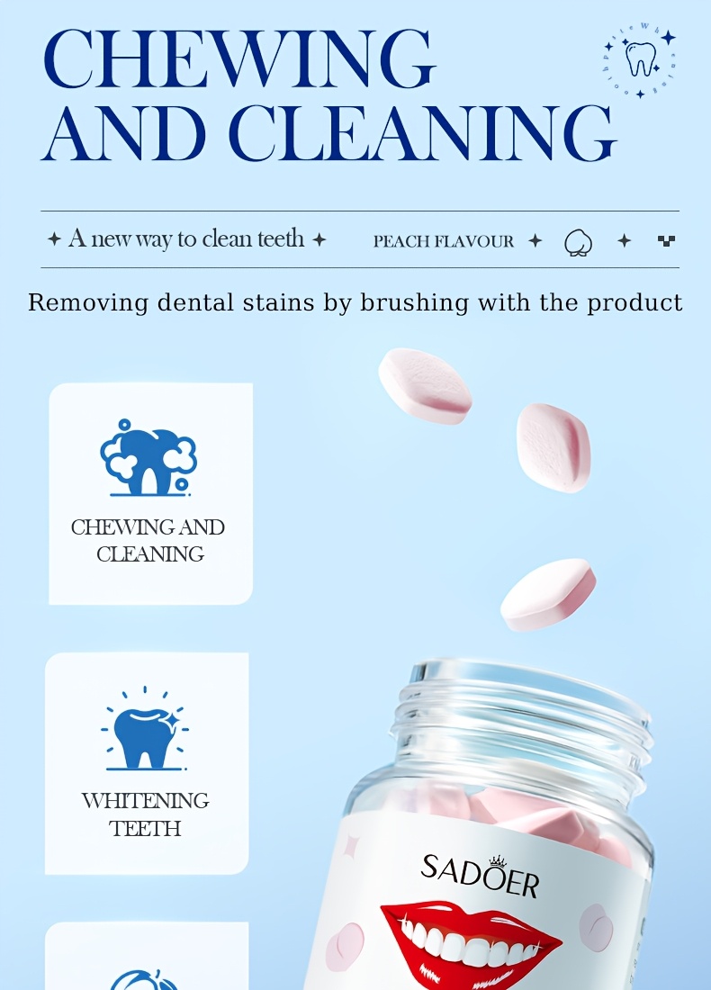 Peach Whitening Solid Toothpaste Tablets. Fresh breath, clean the mouth, and remove tooth stains by using this product. Brighten teeth.