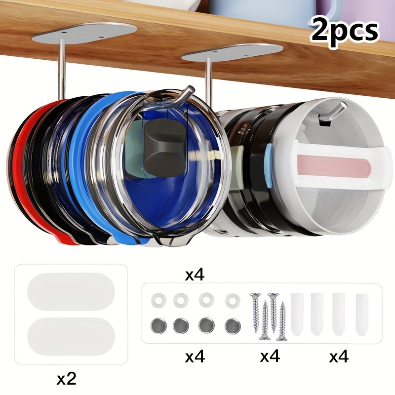 

2pcs Stainless Steel Tumbler Lid Organizer - Space-saving Under Cabinet Storage For Water Bottle Caps, Easy Install With Self-adhesive Or Drill Option