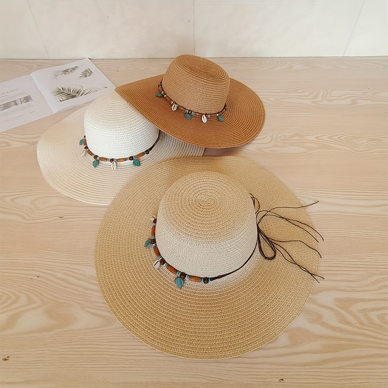 Boho Shell Rope Sun Hat Trendy Solid Color Summer Sun Hats - Temu
