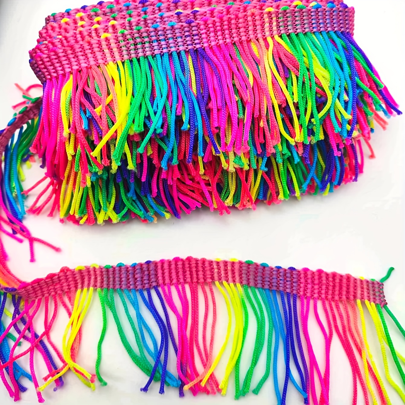 

1pc Of Vibrant 5cm X 5yd Tassel Lace Trim - Luxurious Polyester Rainbow For Wedding Decor & Crafts, Love-themed Fabric With Pom-poms