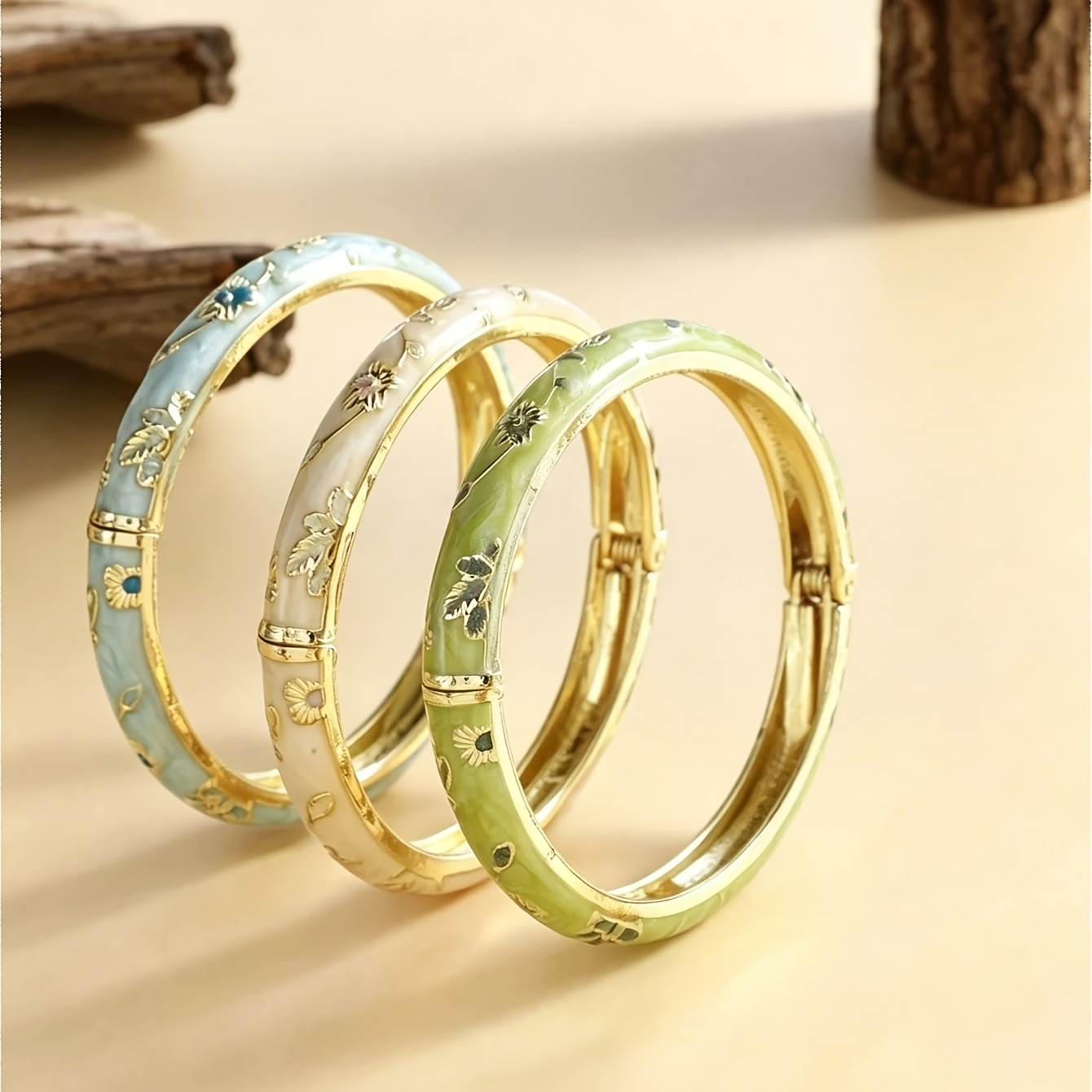 TEMU 3pcs Blue Enamel Bracelet Set, New Chinese Retro Hollow Floral Leaf Bracelet, Handmade Gift, Fashionable And Versatile, Suitable For Vacation,