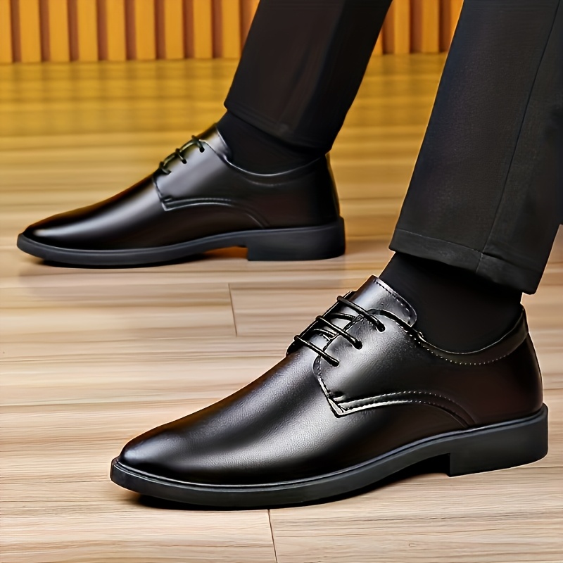 Men's British Formal Shoes, Black Glossy Low-Top Business Shoes, Lace-Up/Slip-On Dual-Use Minimalist Design, PU Upper and Lining for Easy Cleaning and Polishing, Wear-Resistant and Slip-Resistant PU Sole for Stable Walking, Round Toe Wide Fit for