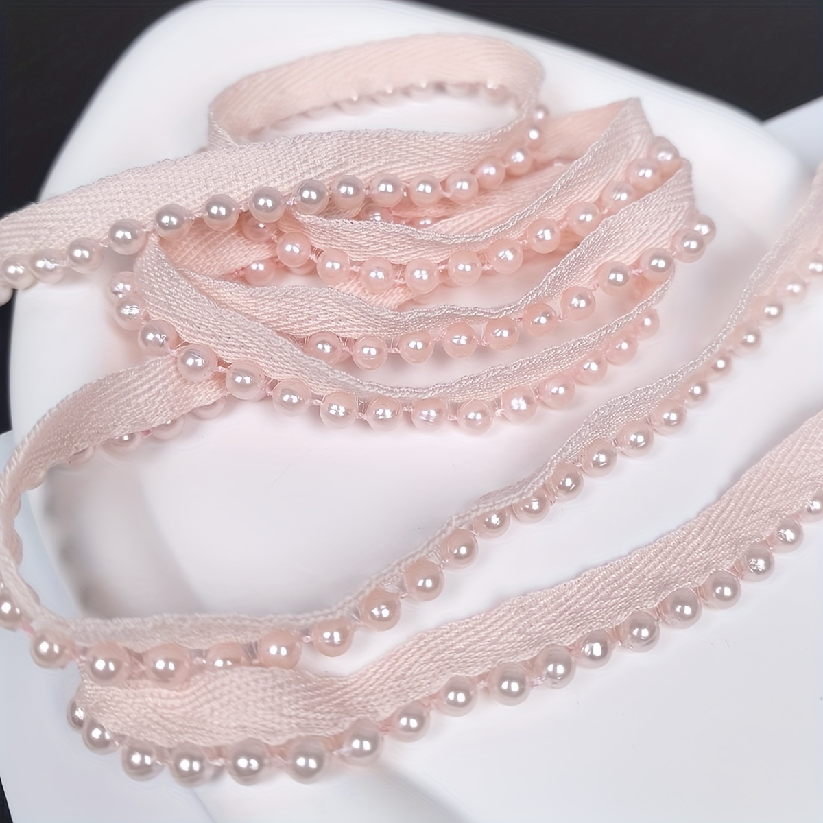 Image of 1 Roll () 0.59 Inch Polyester Pearl Beaded Trim Ribbon For Diy Sewing, Apparel Collar & Skirt Edge Decoration Accessories