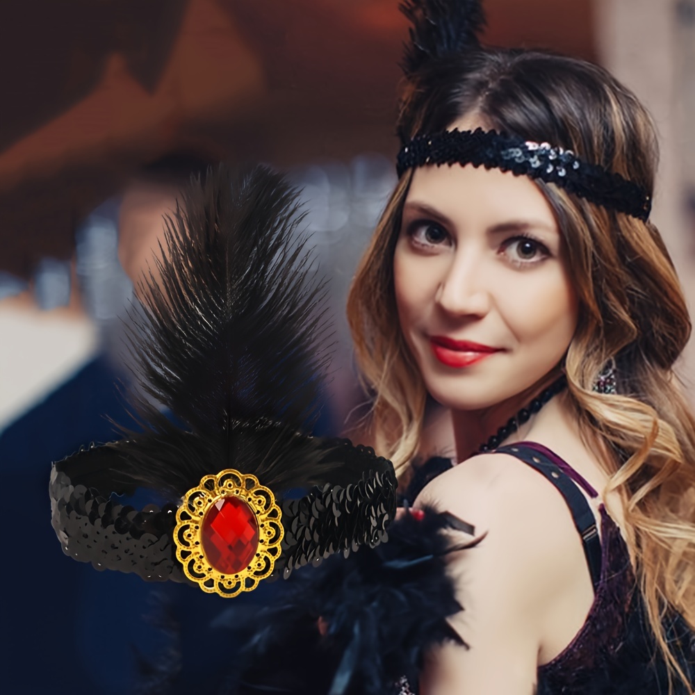 

Flapper Style Feathered Headband With Gemstone And Sequins, Plastic Material, Dance Costume Accessory