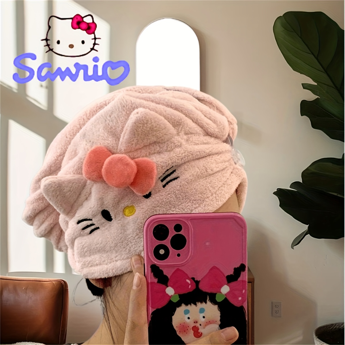 

A Sanrio Quick-drying Plush Hat With A Cat Ear Design, Soft And Absorbent Towel Material To Wrap Around The Hair, Shedding-free Bathroom Accessory, Gifting.