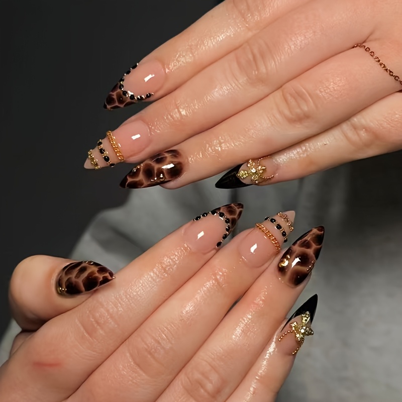 TEMU 10pcs Handmade Almond Press-on Nails, Sheer Nude Base, Solid Black And Brown Leopard Smudge French With Chains, , Thin Metal Chains, Silvery