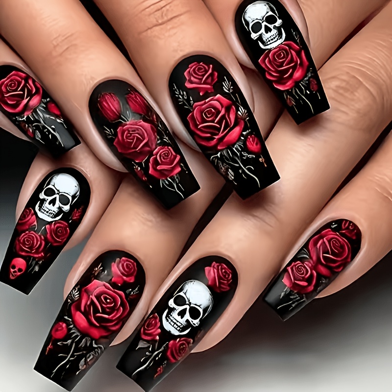 TEMU Migliora 24 Unghie Indossabili Rosa San Halloween Design Patch All-Tempo Illuminante Unghie Finte Estensione Rimovibile Aggiunte per Unghie con