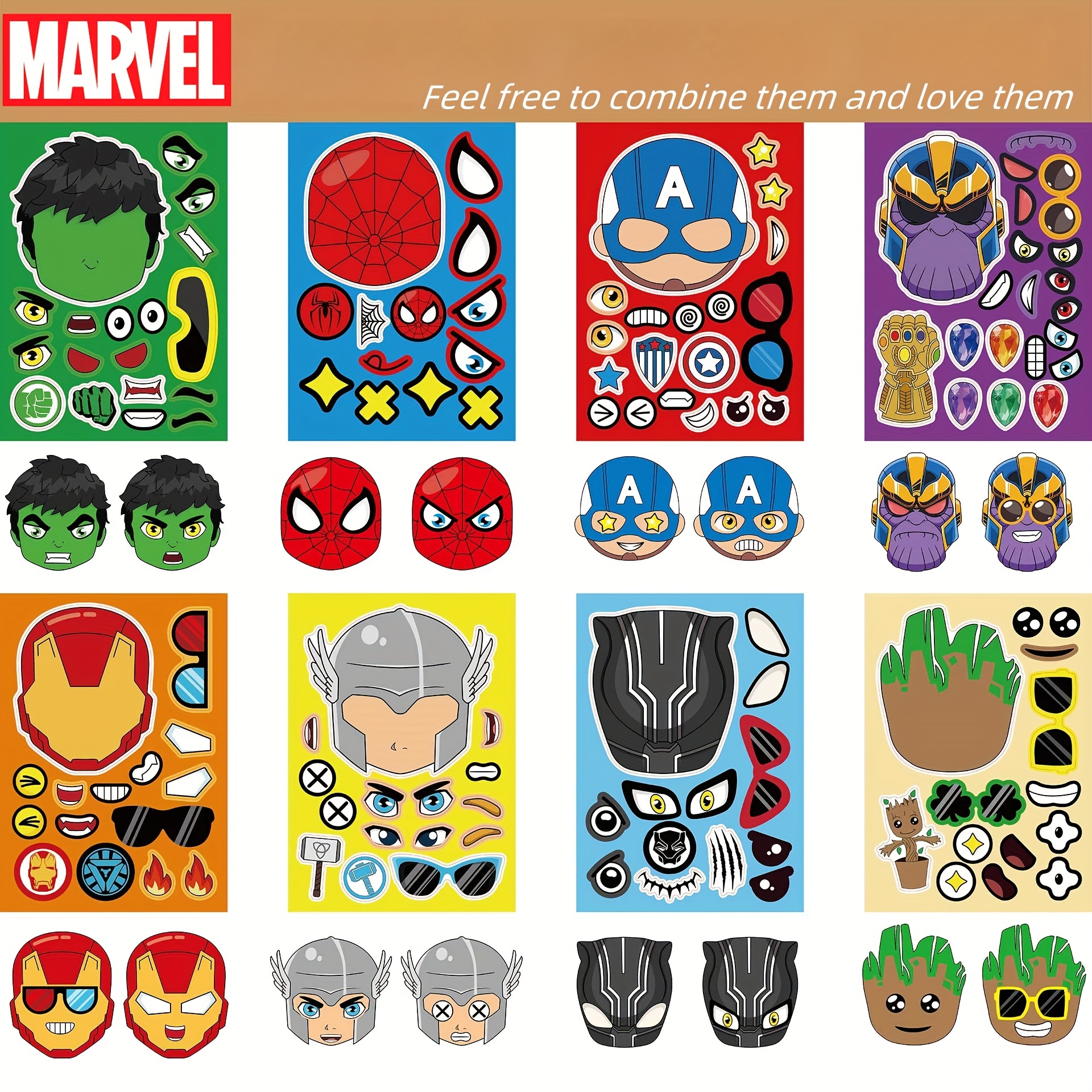

16pcs/set, Authorized Spider-man Iron Man Cartoon Animation Interactive Puzzle Handbook Diy Face Stickers Stickers Party Favors