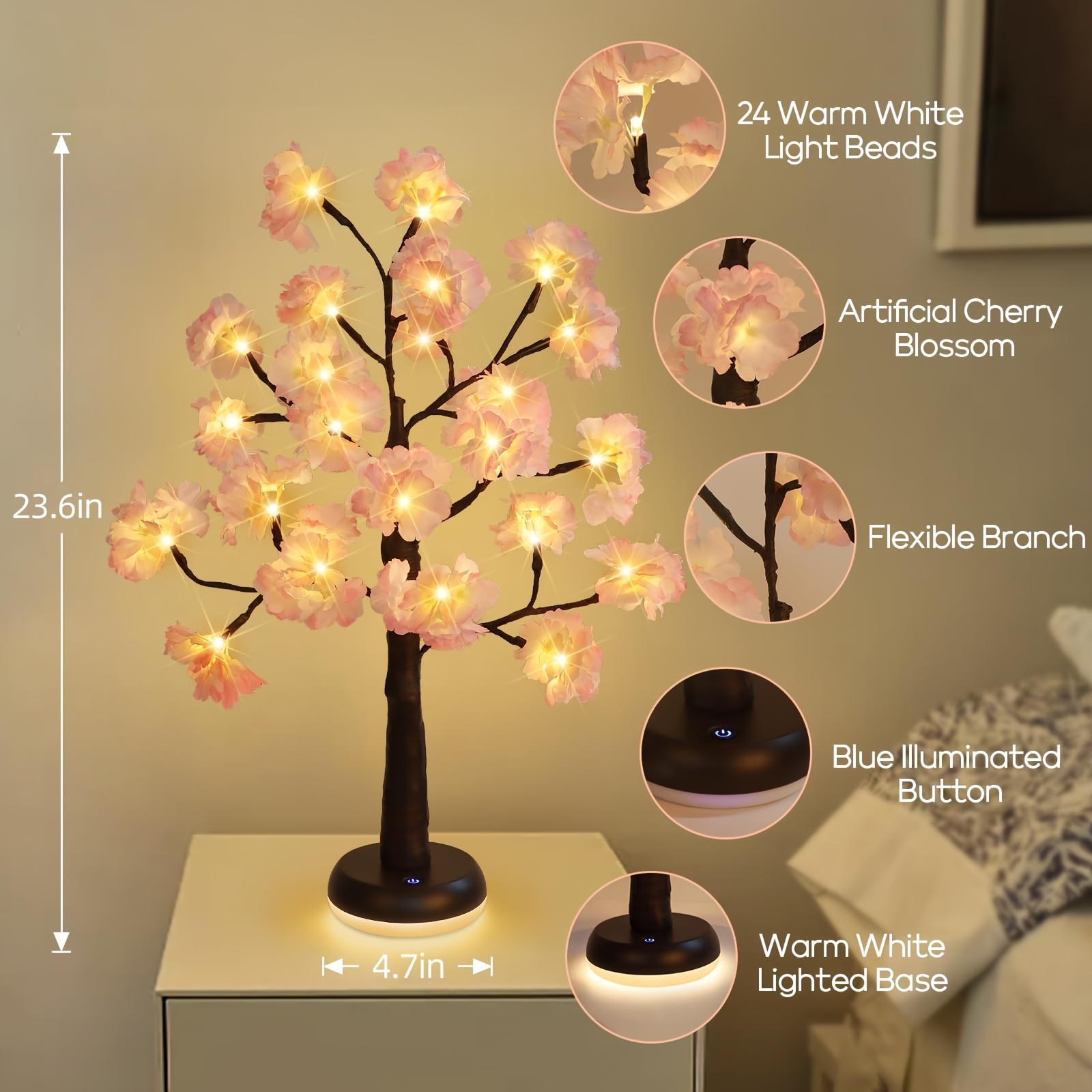 1pc Cherry Blossom Tree Ambient Lights Table Lights - USB Rechargeable Night Lights Desktop Decorative Lights for Indoor Bedroom, Wedding Party_voghion.com