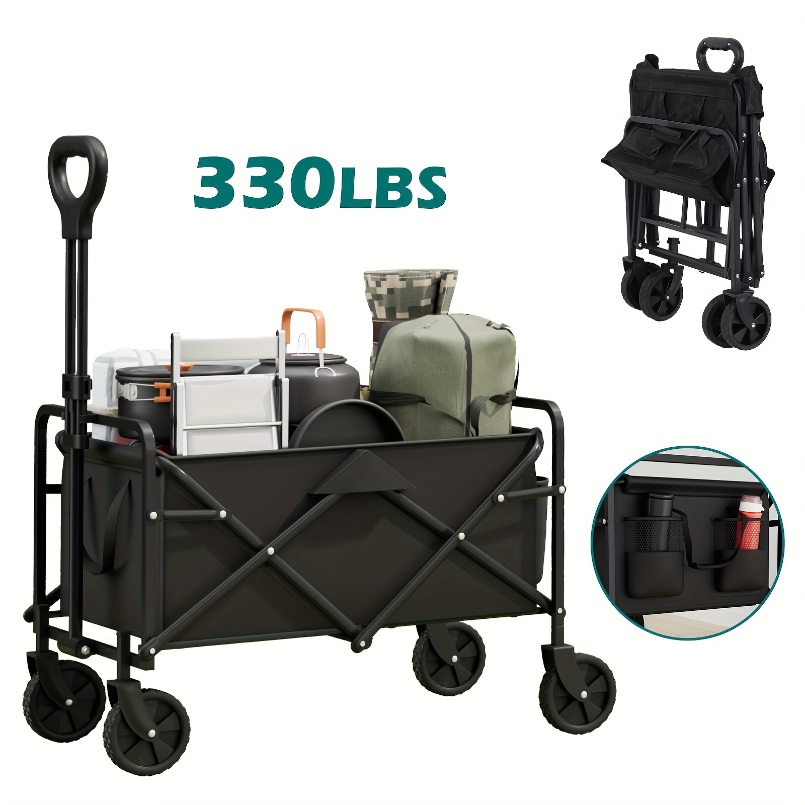 

Heavy-duty Collapsible Utility Wagon Cart - 330 Lbs Capacity, Portable With Wheels & For Shopping, Camping, Beach - Metal Construction, Black