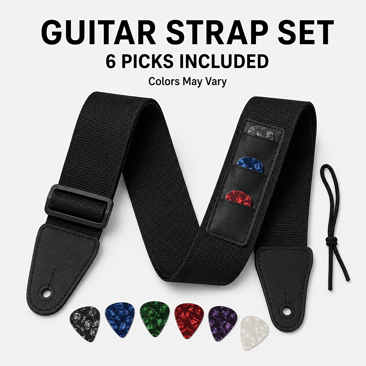 TEMU Sangle de guitare réglable avec 3 porte-médiators intégrés, inclut 6 médiators de guitare de couleurs aléatoires, large sangle d'épaule en nylon