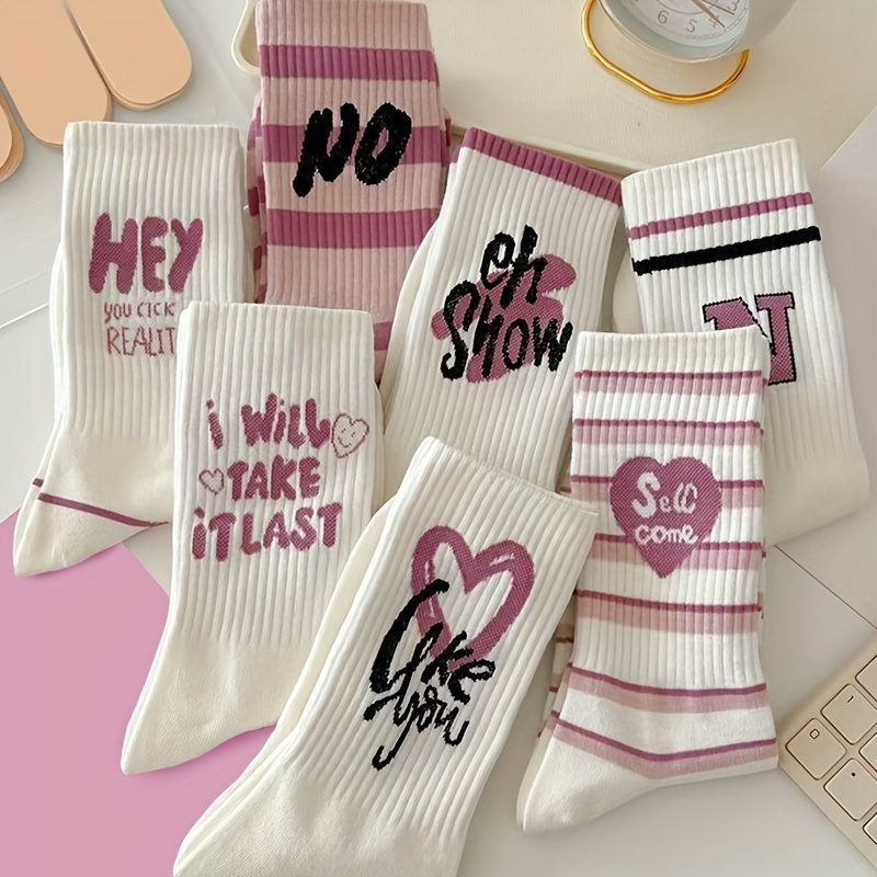 

5 Pairs Pink Striped & Letter Print Socks, Japanese Style Comfort Mid Tube Socks For Spring & Autumn, Women's Stockings & Hosiery