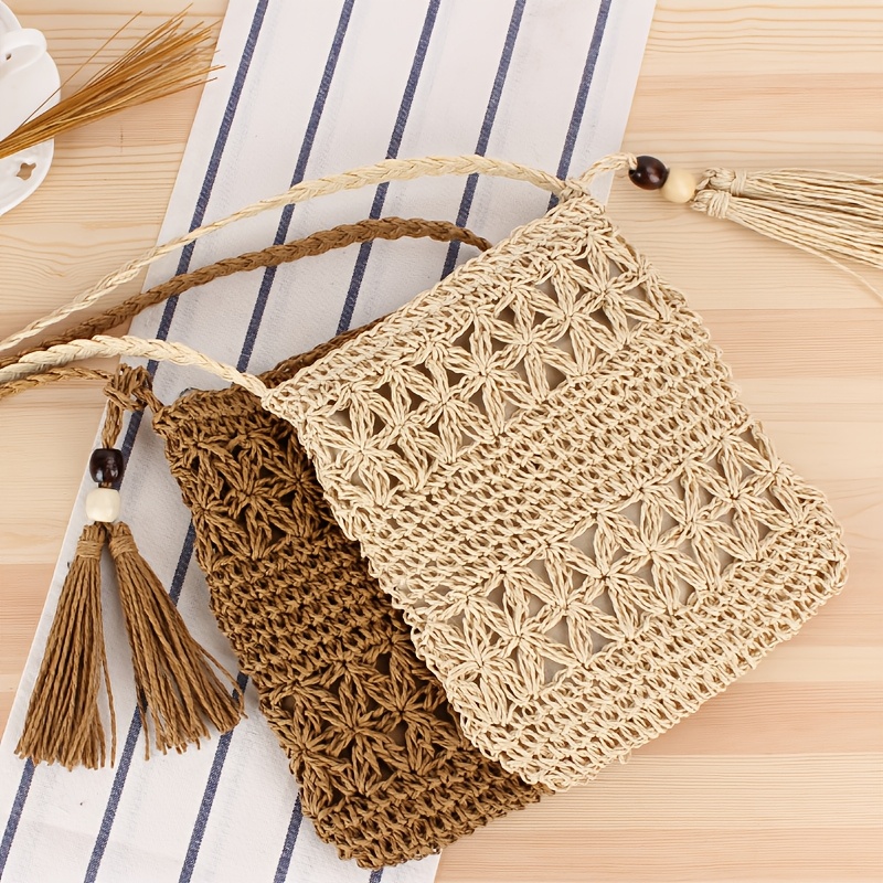 

1pc Handmade Woven Straw Shoulder Bag For Women - Crossbody With Tassel, Solid Color, Lightweight, Soft, Spacious Interior, No-closure Design, Unlined