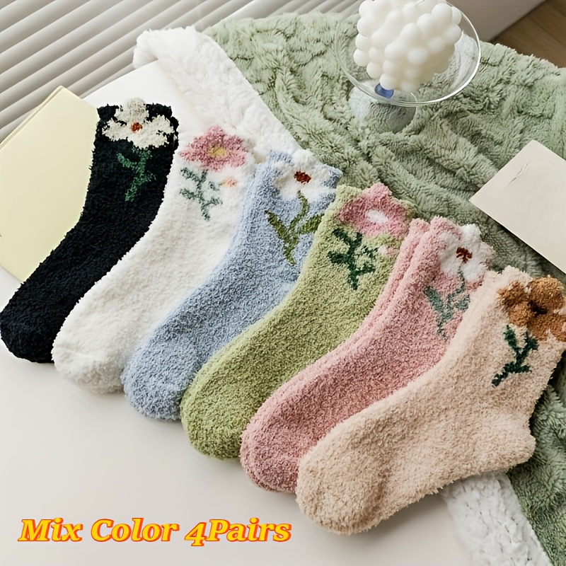 TEMU 4pairs Autumn And Winter Floral Coral Fleece Warm Socks, Women's Sweet And Elegant Non Shedding Thick Midsole Sleeping Socks