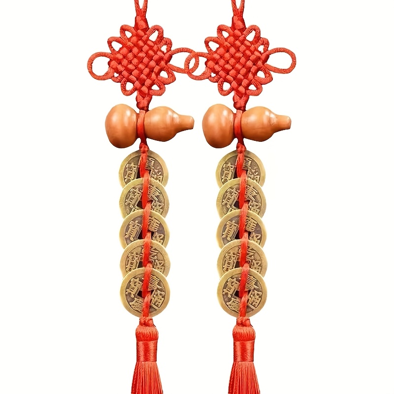 Image of 2pcs Traditional Chinese 5 Coin Hanging Ornament, Metal Shui Amulet For Wealth And , With Gourd Design, Door Protection Charm, No Electricity Needed, Featherless