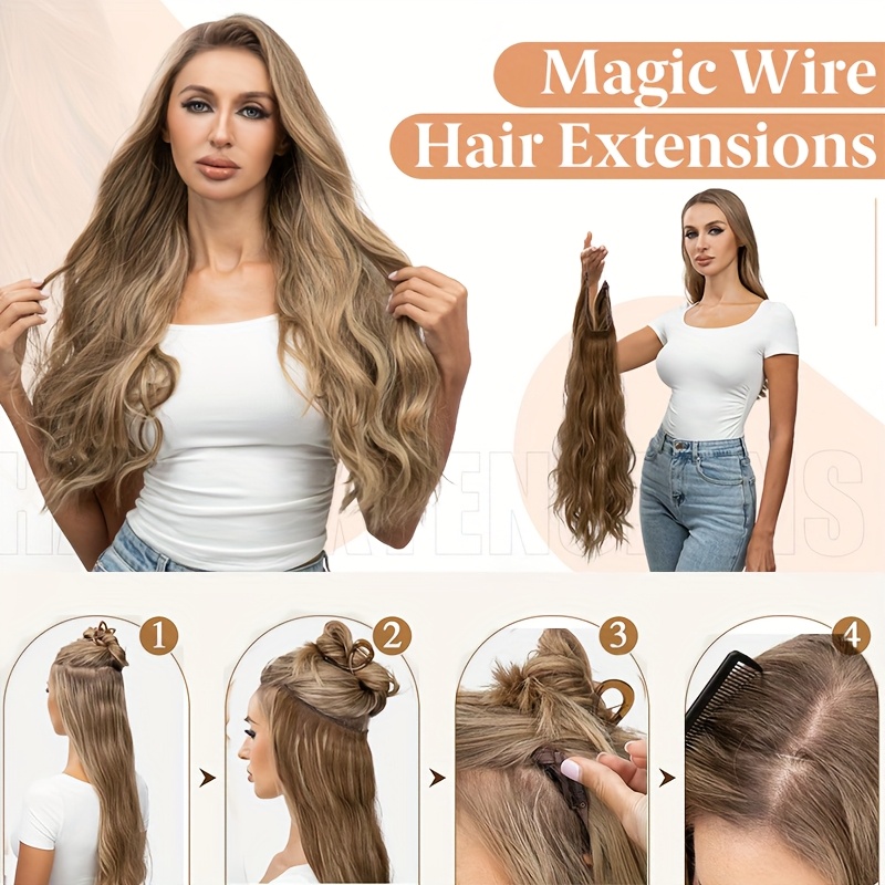 4 clips adjustable size invisible wire hair extensions with transparent wire synthetic hair piece long wavy secret headband hairpieces for women daily wear and halloween party details 0