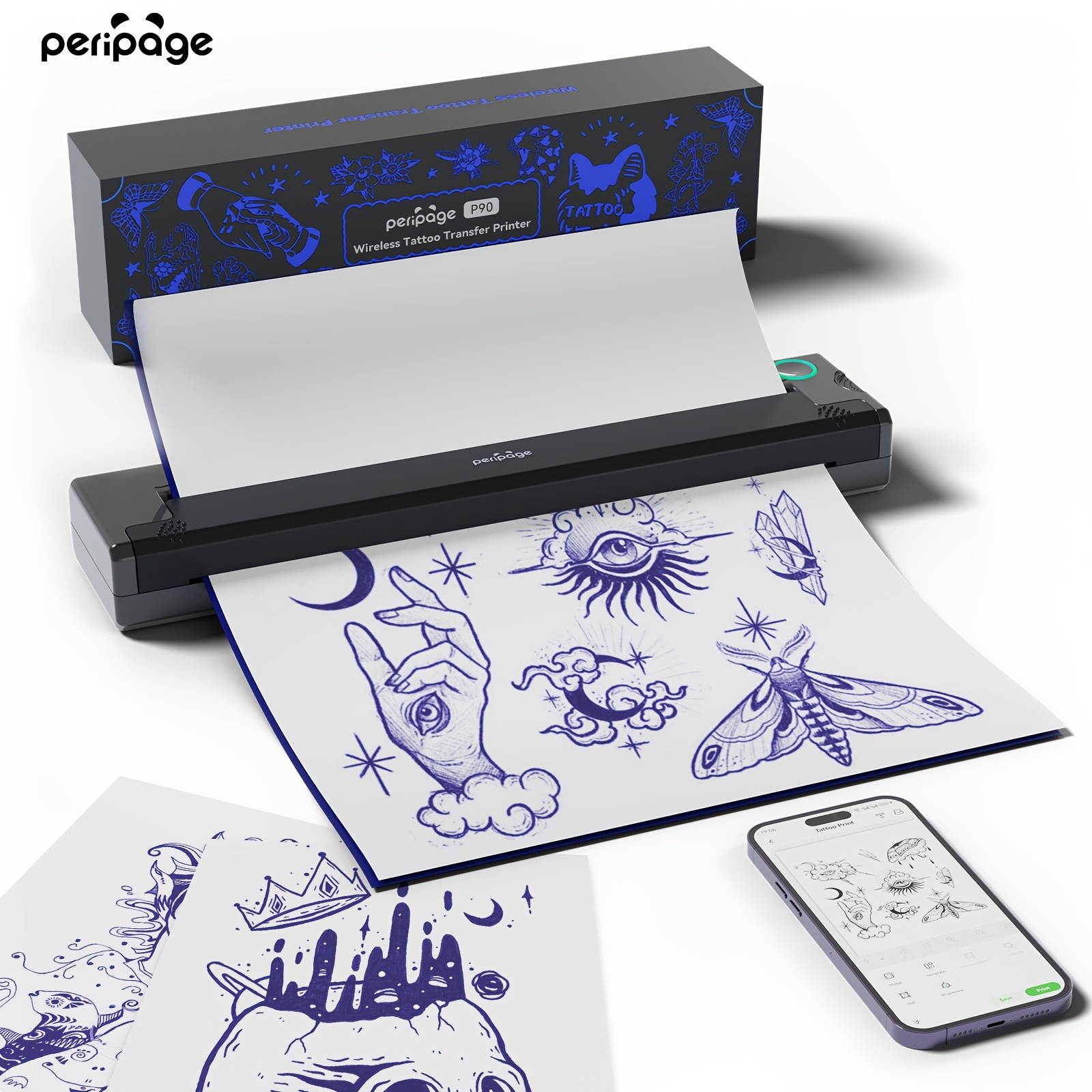 P90 Wireless Tattoo Stencil Printer, Thermal Tattoo Machine with Tattoo Stencil Paper, Portable Tattoo Printer Kit Compatible with Phone, Pad & PC