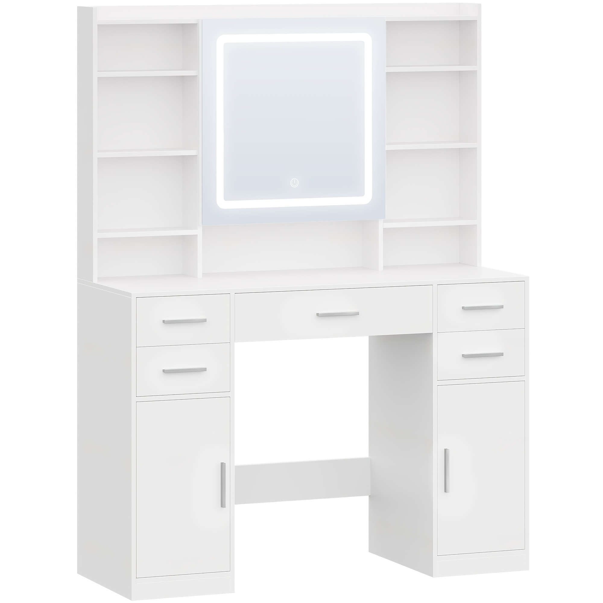 Dressing Table With Mirror, Dressing Table, Dressing Table With 5 Drawers, 2 Drawers And 9 Open Compartments, Hidden Shelves, White