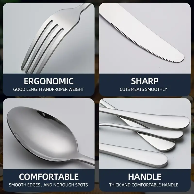5pcs portable stainless steel cutlery set with storage box, reusible silverware camping utensils knife dishwasher safe for work school picnic travel lunchbox kit Product details 7