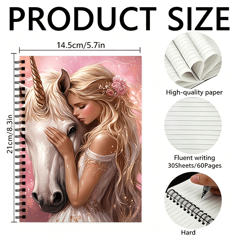 TEMU Fun Unicorn Spiral Lined Notebook, With 60 Pages, Spiral-bound, Featuring A Blonde Woman And A Unicorn, Suitable For School And Office Use, For
