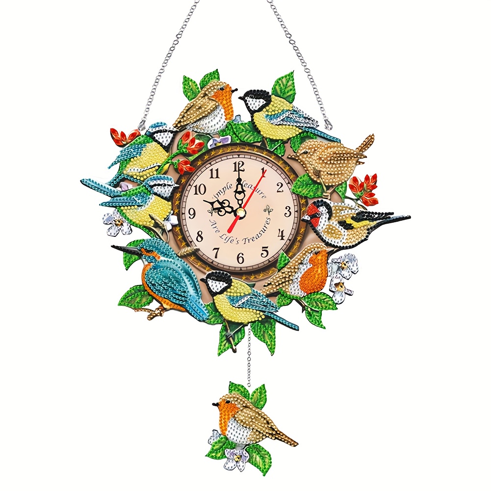 2d Flat Diy Diamond Painting Bird Ornament With Clock Function, Suitable For Home Decoration