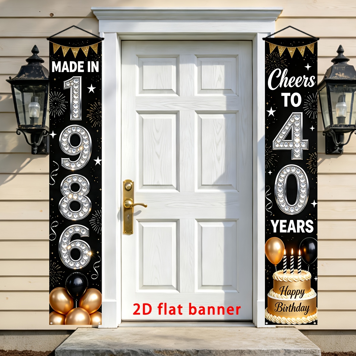 TEMU 2d Flat, 2d Door Banner, 2d Flat Party Banner, 1 Pair, 40th Birthday Door Banner Set, "made In 1986" And "cheers To " Black Golden Diamond Style