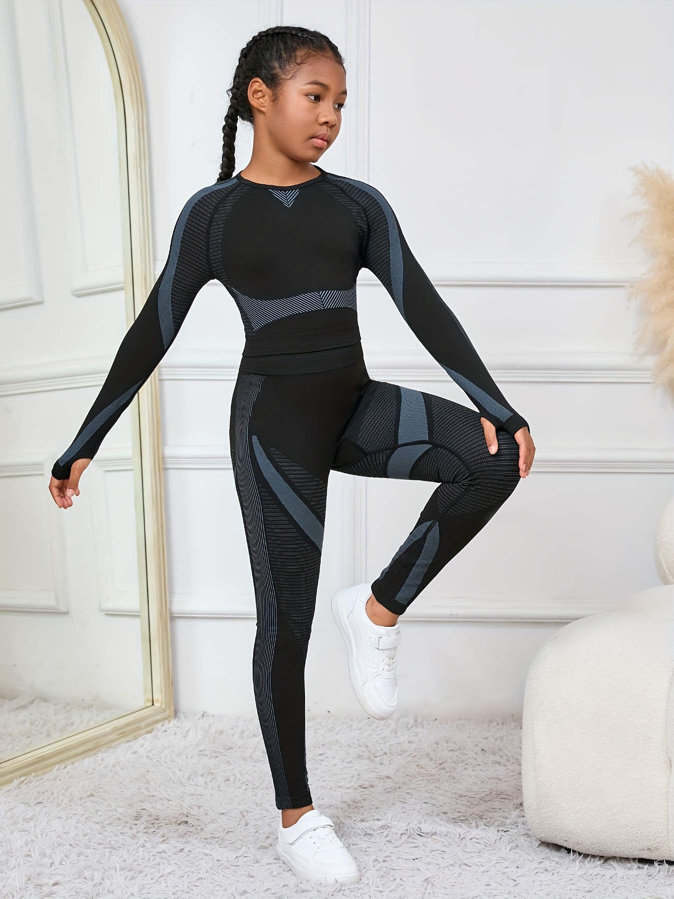 Long Sleeve Girls Athletic Tops Seamless High Stretchy Set Girls