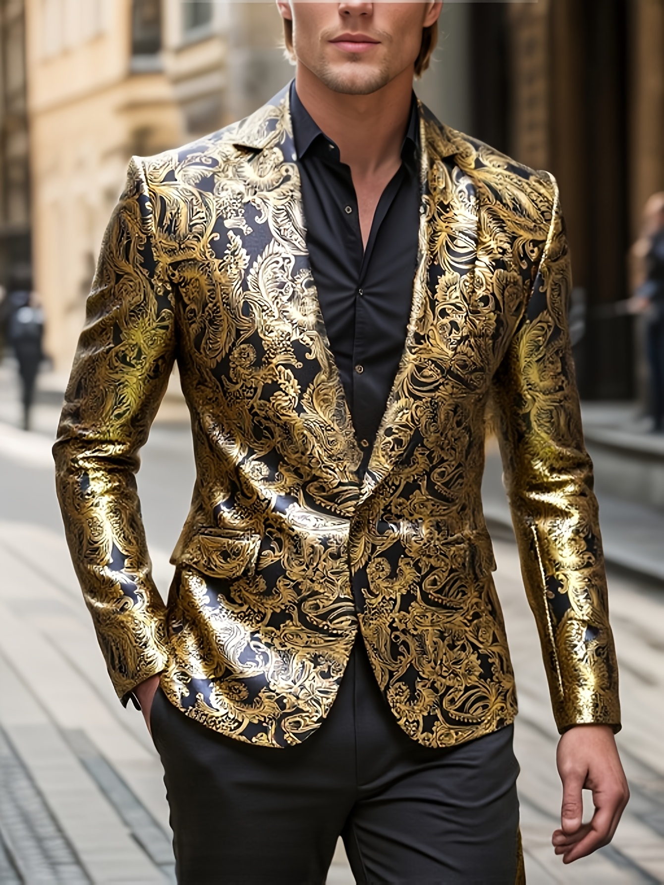 *'s Golden Paisley Graphic Print Casual Lapel Suit Jacket For  Business Banquets, Parties, Outdoor Cloth