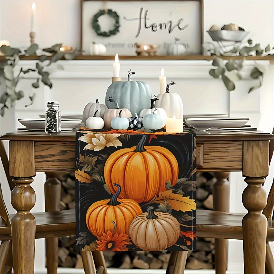 

1-piece Table Runner, Black Watercolor Pumpkin Autumn Table Banner, Seasonal Fall Kitchen Dining Table Decoration, Suitable For Family Gathering Decoration, 13x72 Inches.