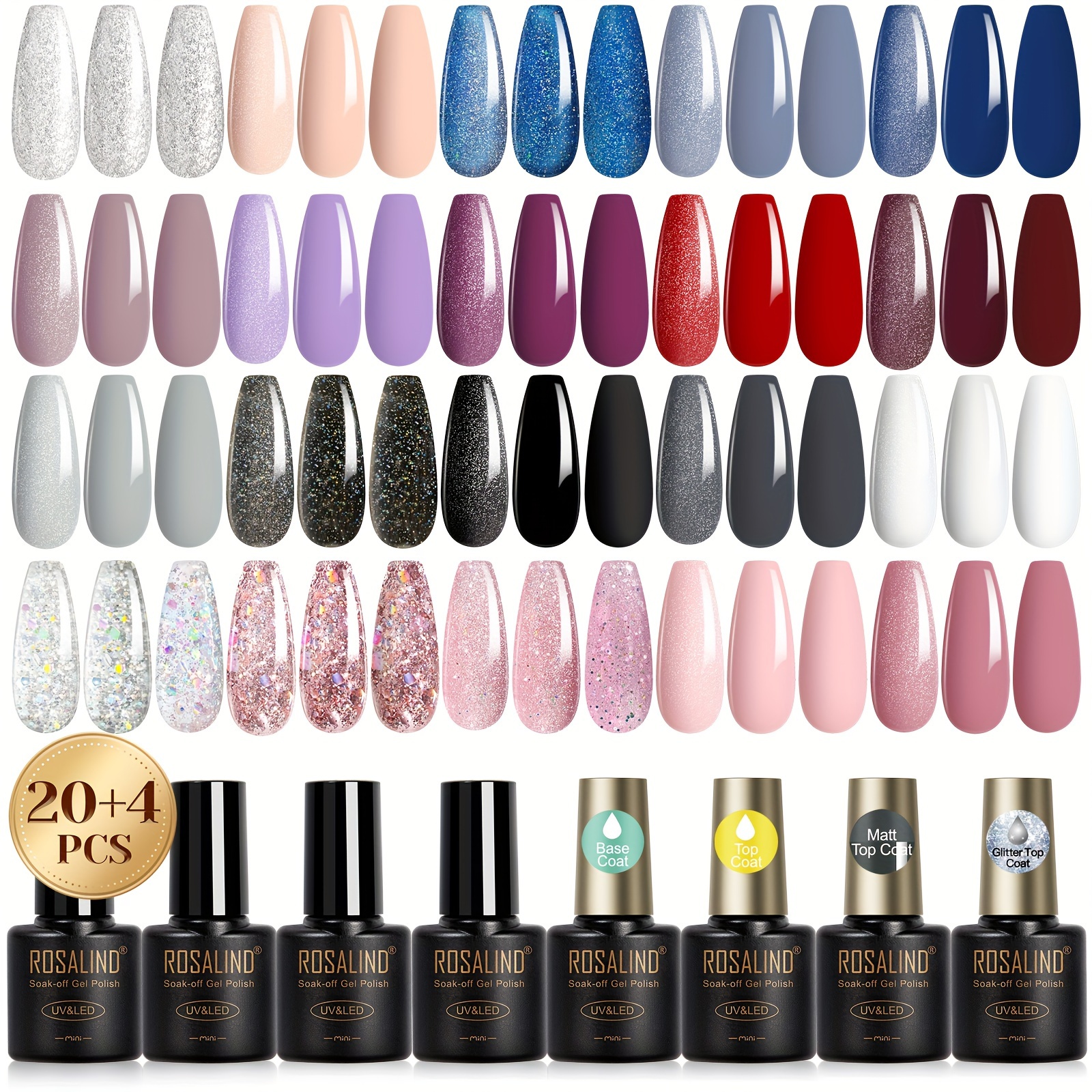 TEMU 20+4 Pcs Gel Nail Polish Set Black White Nail Polish Base Matte Glitter Color Coat Suitable For Long Nail Designs Requires Uv Lamp Drying