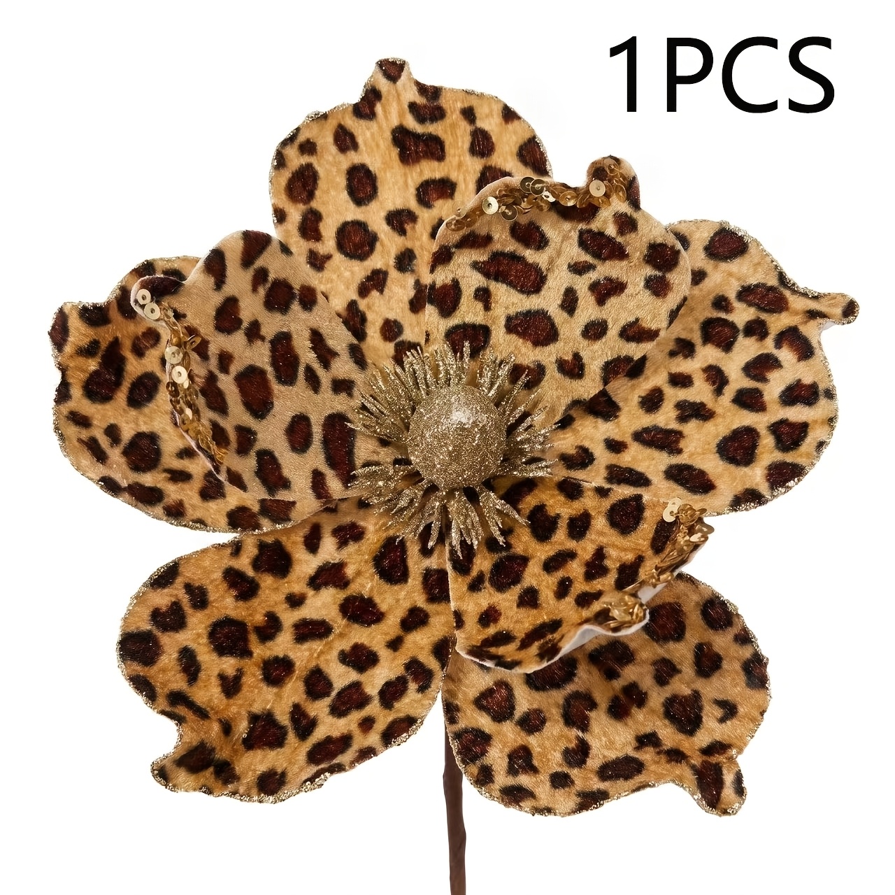 TEMU 1pc Golden Christmas Artificial Flower Glitter Magnolia Flowers Christmas Tree Ornaments Leopard Print Velvet Artificial Magnolia Flowers With