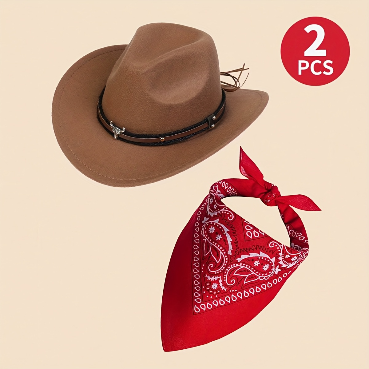 Image of 1 Set Of 's Calf Head Cowboy Hat And Patterned Small Square Scarf, Suitable For Daily Or Party Decorations, 4-7, With Rigid Brim Hat Drag Protection