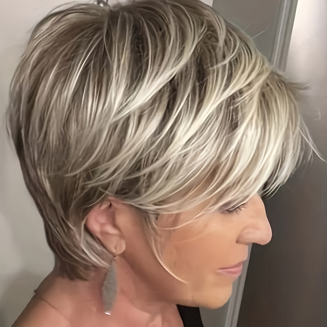 TEMU Elegant Cut Wig For Women - Short Layered Body Wave Synthetic Hair With , 180% Density Heat-resistant Blonde & Mixed Brown, Versatile For All , Short Hair Wig