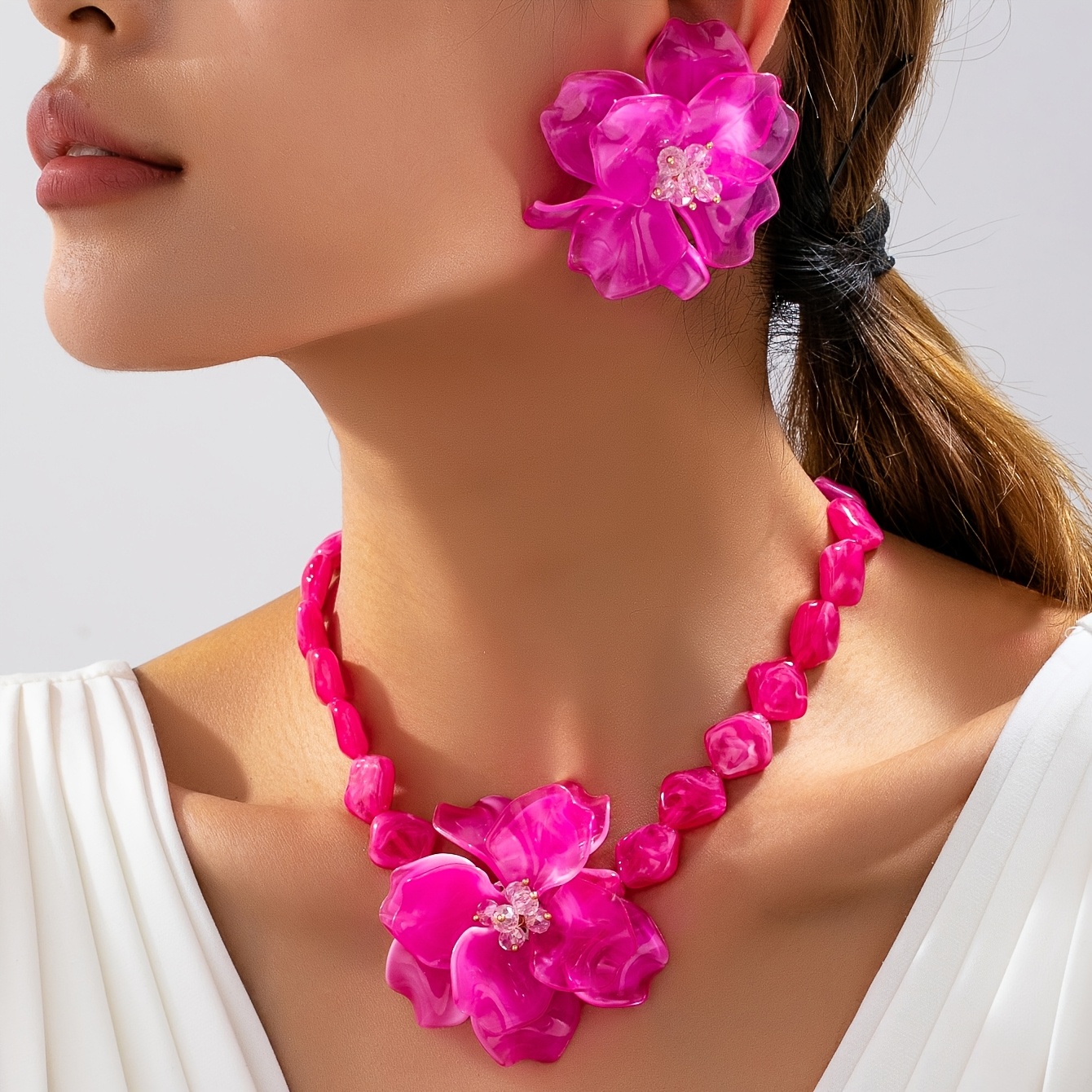 TEMU 3pcs Bohemian Style Acrylic Flower Pendant Necklace And Earrings Set For Women' Wear