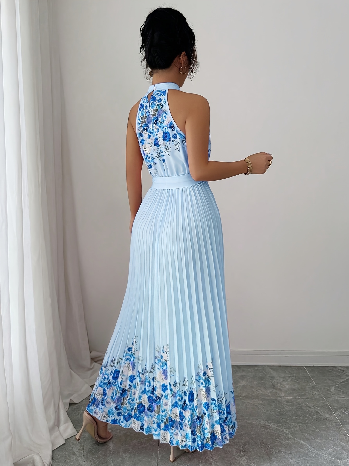 Fashionable New Women'S Summer Halter Floral Print Pleated Dress