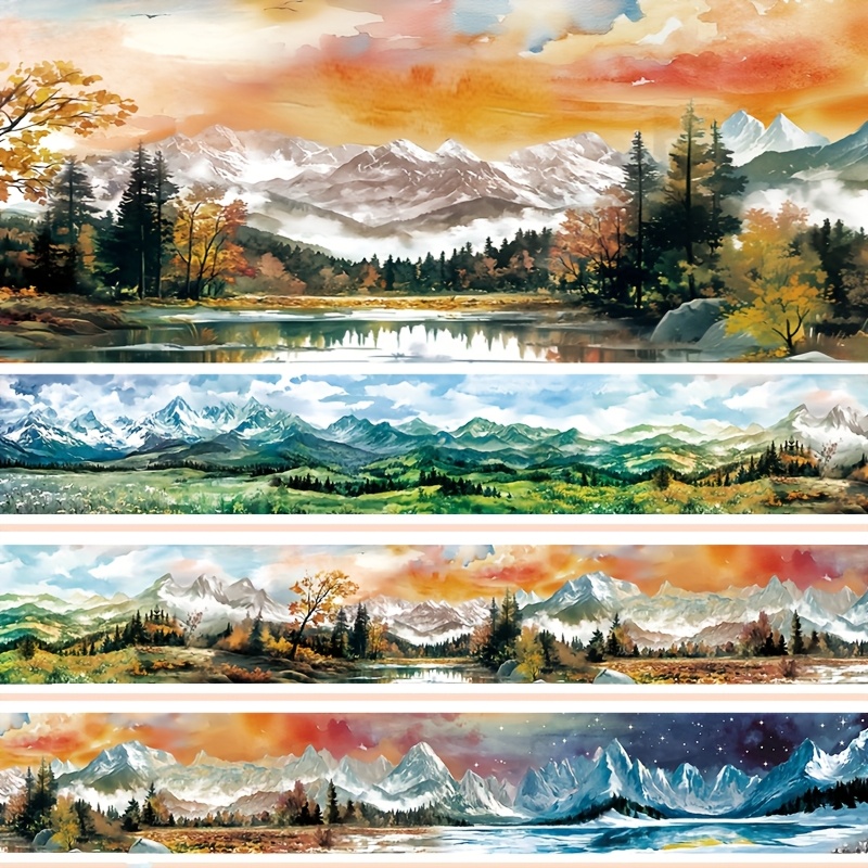 Image of 2m Roll Mountains Washi Tape - 100cm Loop, Vibrant Scenery Adhesive Stickers For Planners, Scrapbooking & Collage Materials, Artistic Decorative Tape With Greenery, Icy & Desig