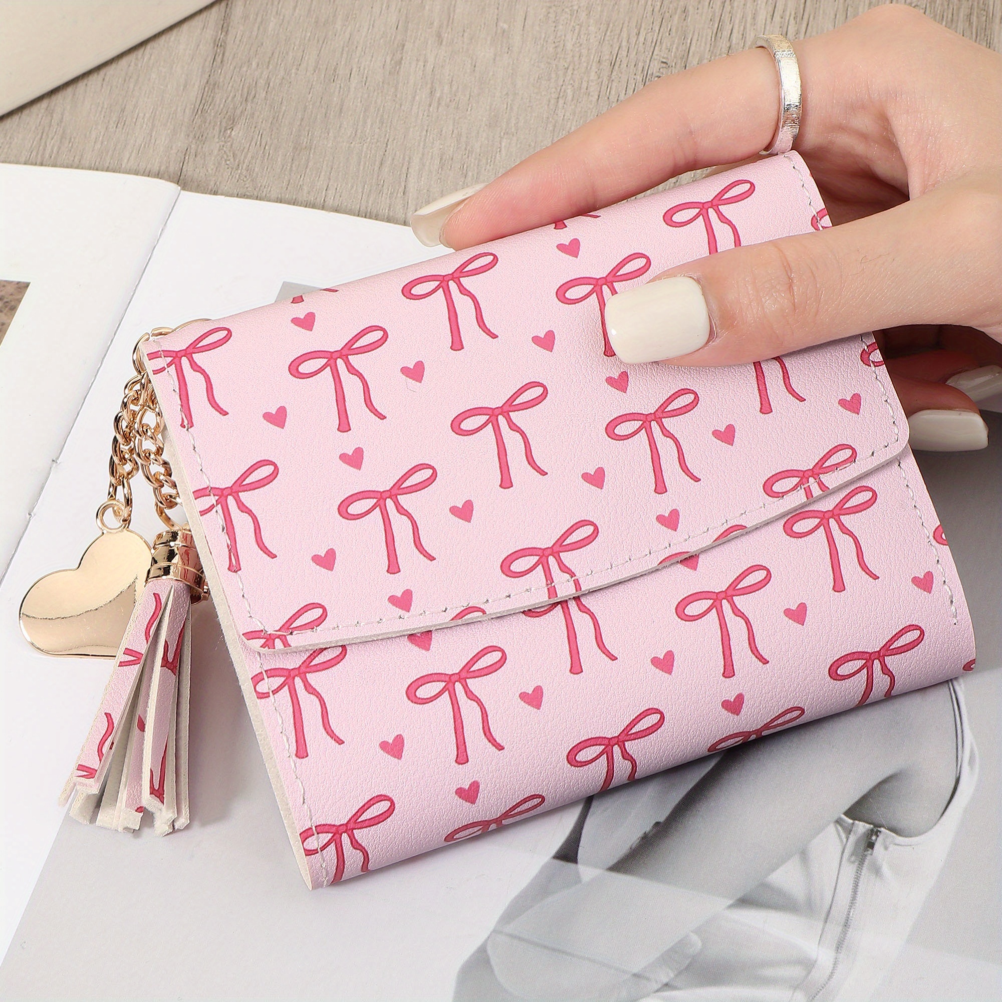 TEMU Easy And Casual Women's Short Wallet, Portable And Easy Multi-card Holder Card Bag, Easy Heart-shaped And Tassel Decorated Envelope Style Short