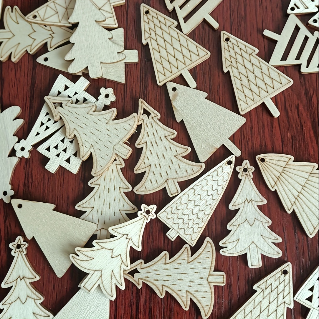 

50pcs Mini Wooden Christmas Tree Ornaments Set - Diy Craft Wood Chips For Holiday Decorations, Christmas Decor