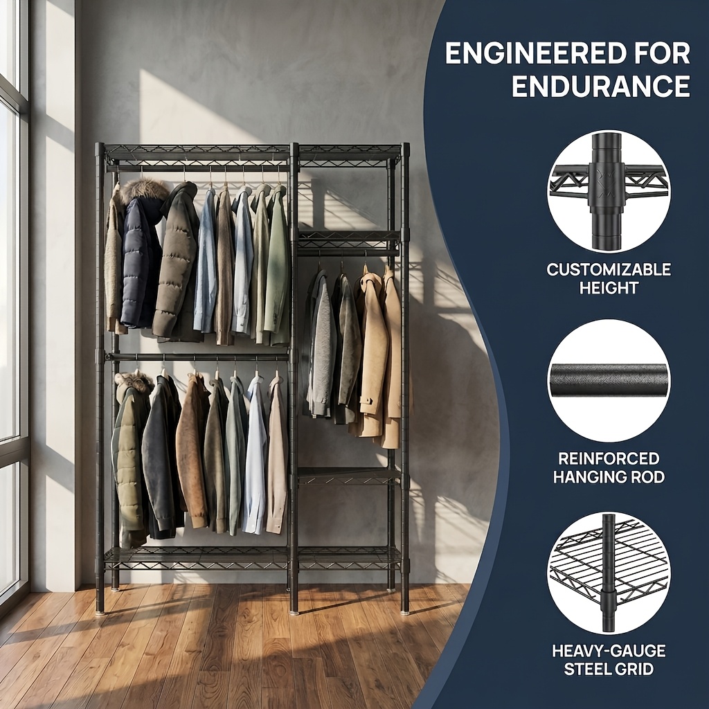 Image of 700lbs Black Metal Clothing Rack Non Adjustable Sturdy Wardrobe 2 Column 4 Tier Closet Organizer With 6 Metal Mesh Shelves 2 Hanging Bars Garment Storage Unit 77h X 45l