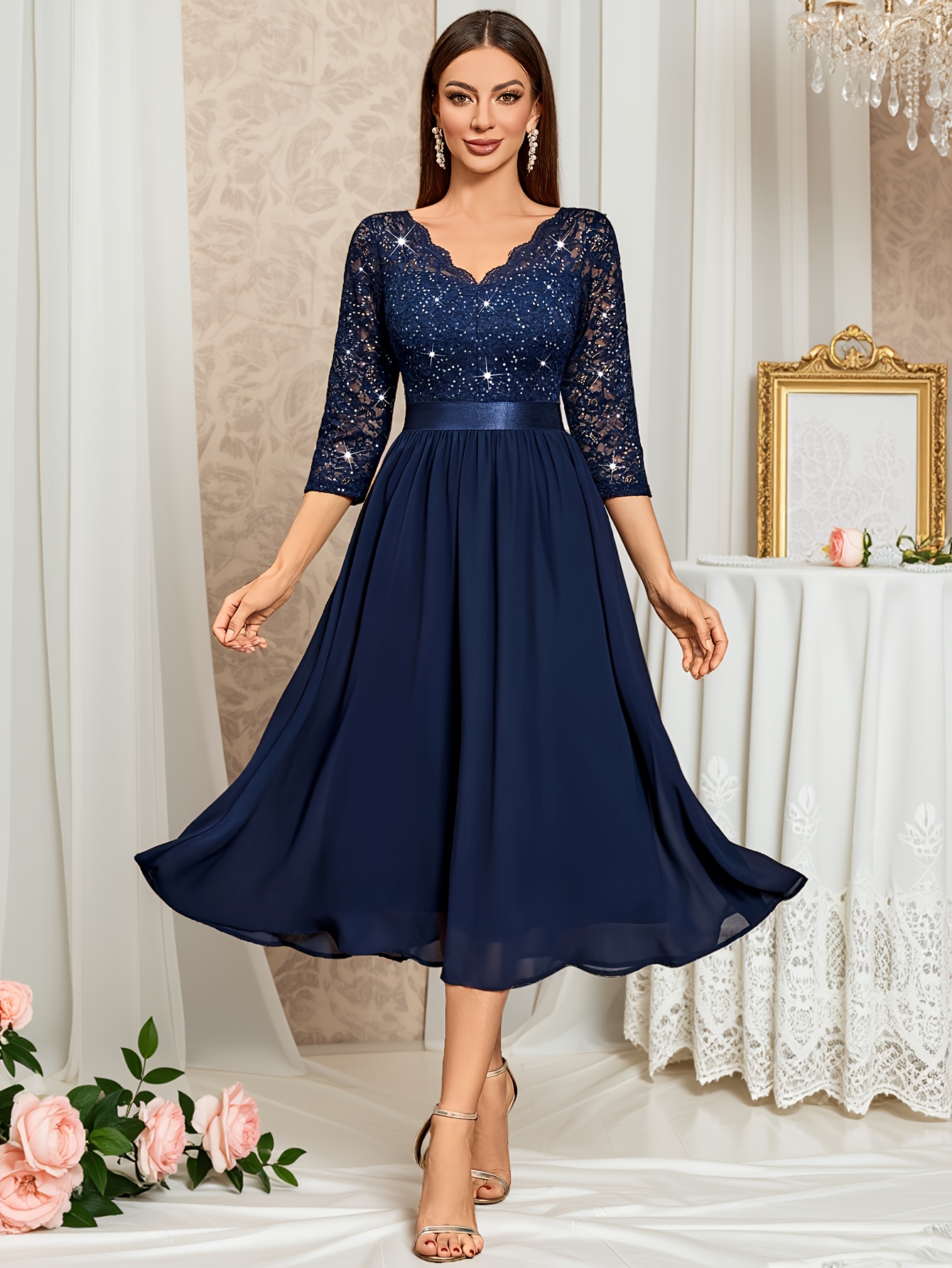 New Popular Elegant V-Neck Sequin Floral Lace Ruched Chiffon 3/4 Sleeve  Evening Party Long Dress, for Wedding Guest, Graduation, Dinner