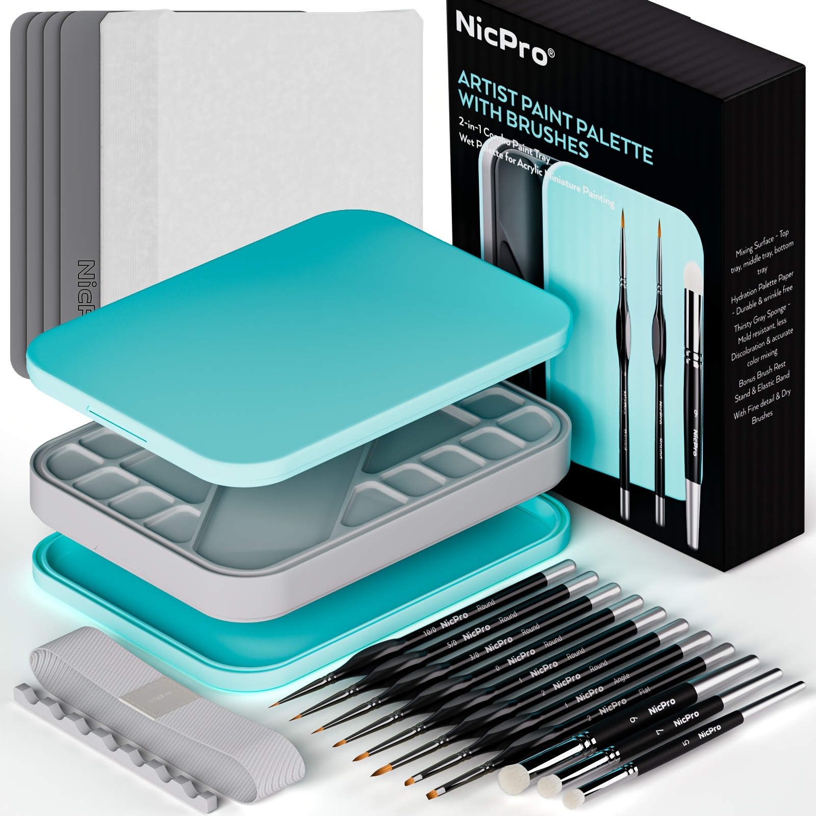 Miniature Painting Kit With Wet Palette, 11pcs Detail Paint Brushes Drybrush, 100pcs Wet Pallet Paper, 4pcs Sponge, Brush Holder Mixing Palette For Model Painting
